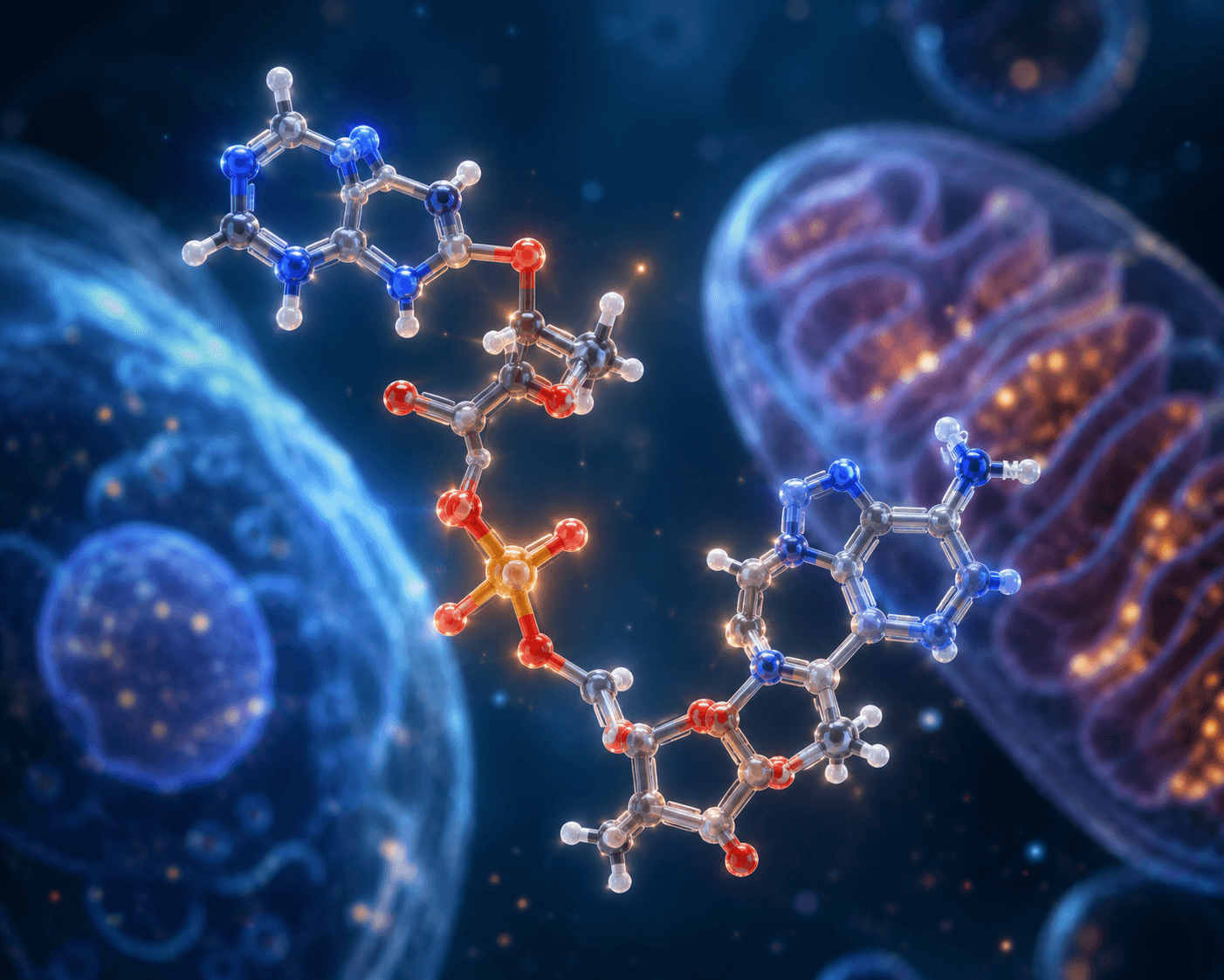 3D render of the NAD+ molecule among glowing cells and mitochondria